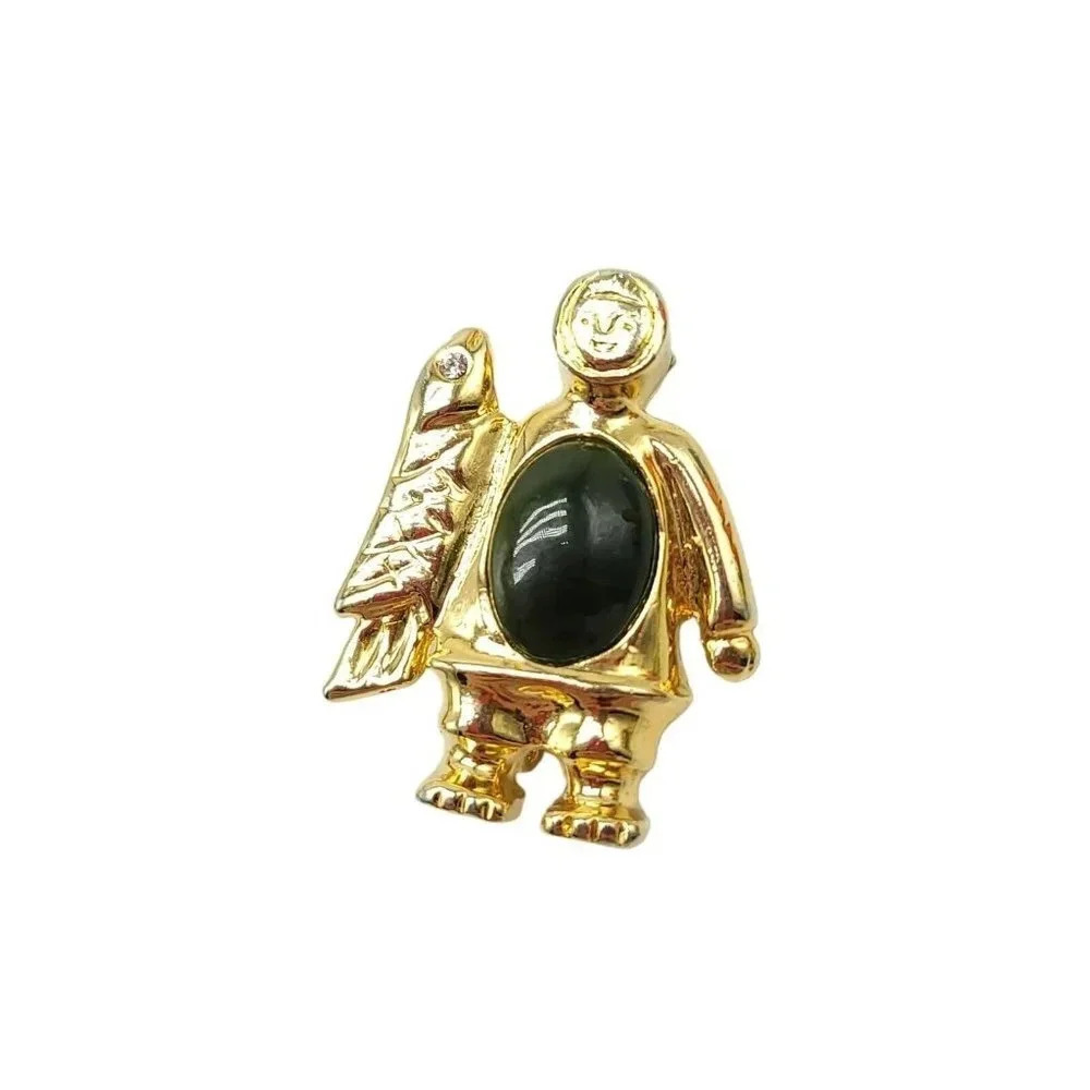 Green Aventurine Belly Gold Tone Fishing Eskimo Pin Brooch Vintage
